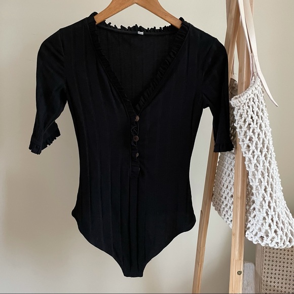 Free People Ruffle Ribbed Henley Bodysuit in Black - S - Picture 2 of 4